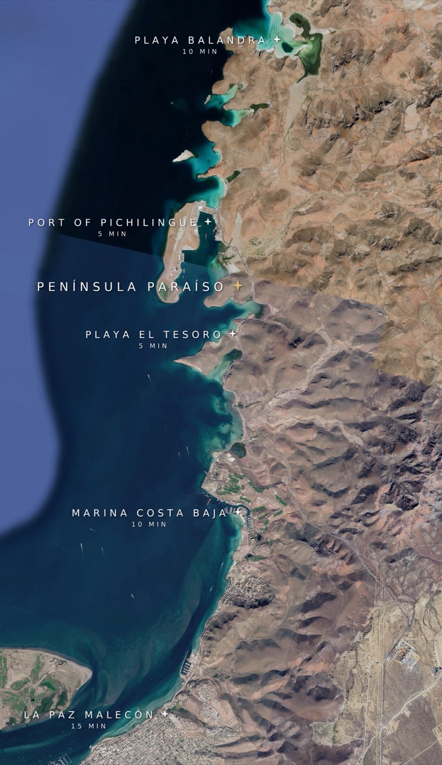 Map locating Península Paraíso in the Pichilingue-Balandra corridor